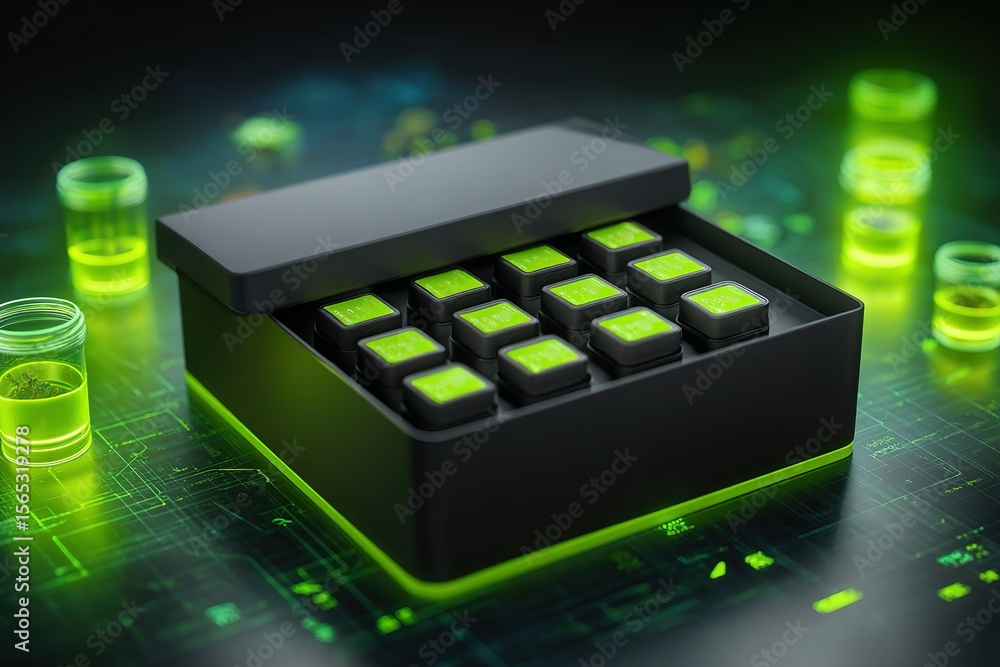 Poster futuristic technology box with glowing buttons and laboratory elements on a dark background