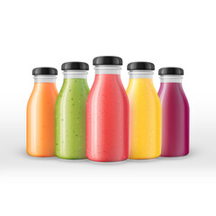 Glass bottles of organic juices or smoothies arranged in a neat row. High quality vector illustration of summer vitamin drinks. Healthy eating, detox, natural goodness.