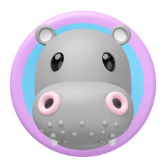 Adorable 3D cartoon hippopotamus head, rendered in a cute, minimalist style, centered within a vibrant pink and blue circular frame against. Ideal for children designs.