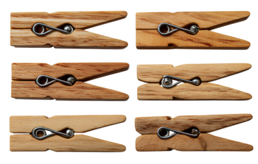 A set of wooden clothespins on a transparent background