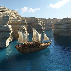 Sailing vessel in a dramatic coastal landscape