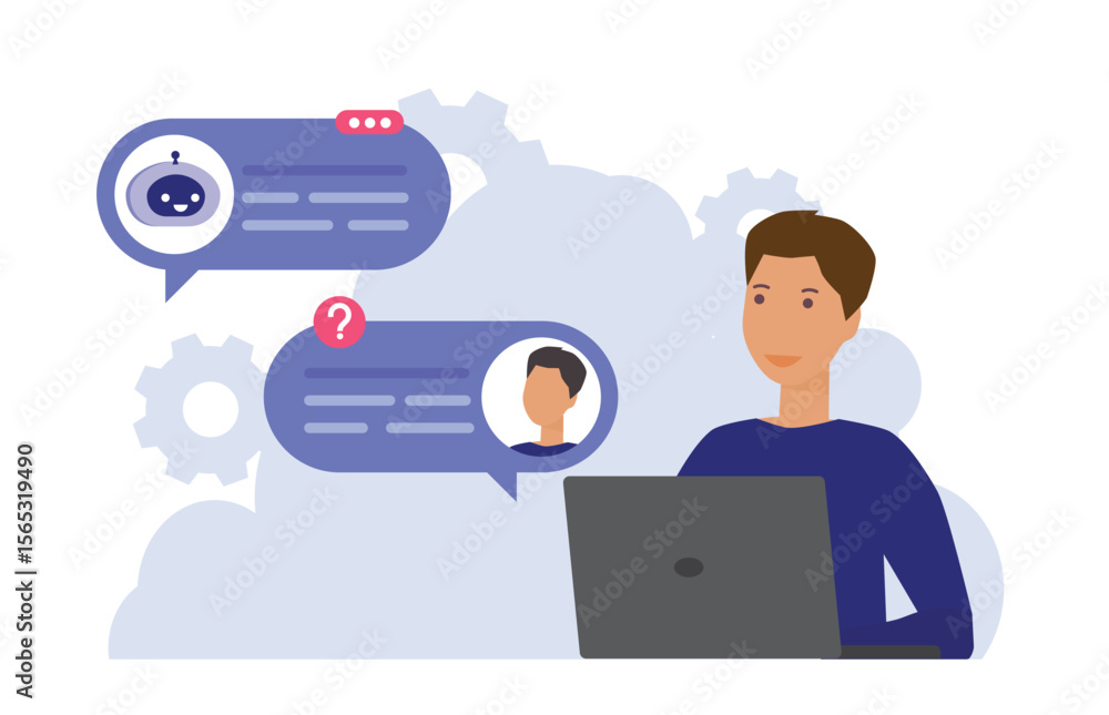 Poster untai chat bot and user communication concept, man asking artificial intelligent robot for business 