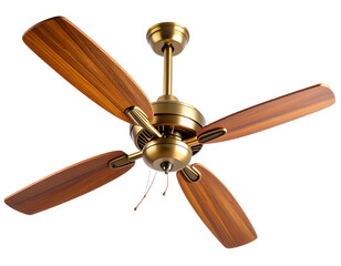 Retro Wooden Ceiling Fan with Polished Brass Hub and Curved Blades – Isolated PNG