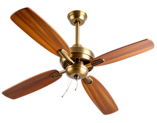 Retro Wooden Ceiling Fan with Polished Brass Hub and Curved Blades – Isolated PNG