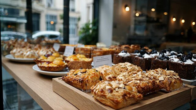 bakery shop in town selling various type of bread and pastry serve on tray