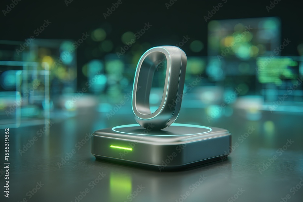 Poster futuristic technology display showcasing a sleek device on a smart charging pad in a modern workspac