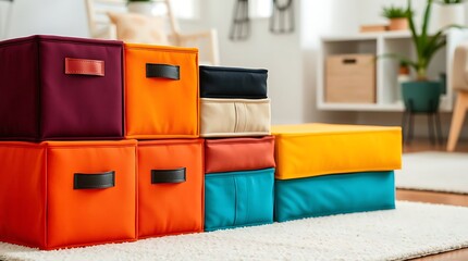 A stack of colorful fabric storage boxes sits on a carpeted floor in a bright living room