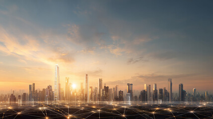 The Internet of Things (IoT) in a Modern Metropolis: A conceptual image of a futuristic city skyline with a data plexus symbolizing 5G connectivity.