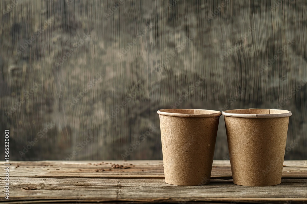 Poster three carton paper cups in row isolated on right side of rustic wooden table
