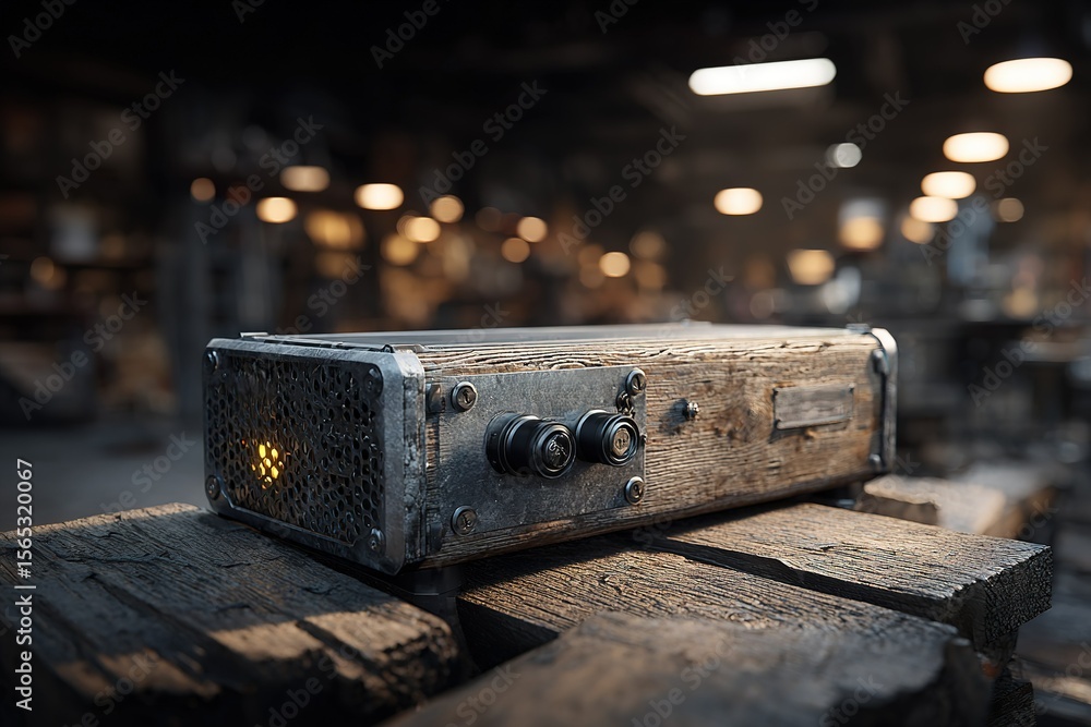 Poster vintage wooden device resting on weathered planks in a rustic workshop filled with warm light and in
