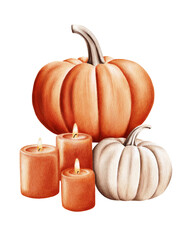 Watercolor illustration of two pumpkins with burning candles. Perfect for fall decor, thanksgiving invitations, seasonal packaging, greeting cards and scrapbooking.