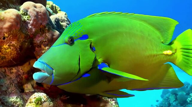 Close up of green humphead parrotfish (Bolbometopon muricatum). Marine life in Great Barrier Reef, Australia.
