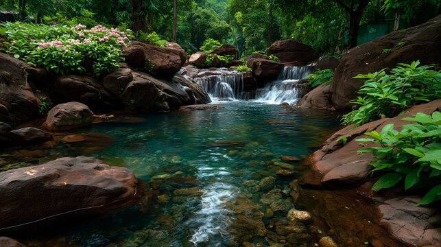 Beautiful waterfall and clear water in the green forest.