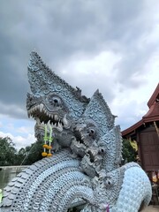 Grand Thai Naga Serpent Statue Under Cloudy Sky Pa Khlong 11 Temple
