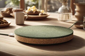 Naklejka premium Natural cork and stone food warming plate on a wooden dining table with snacks and beverages