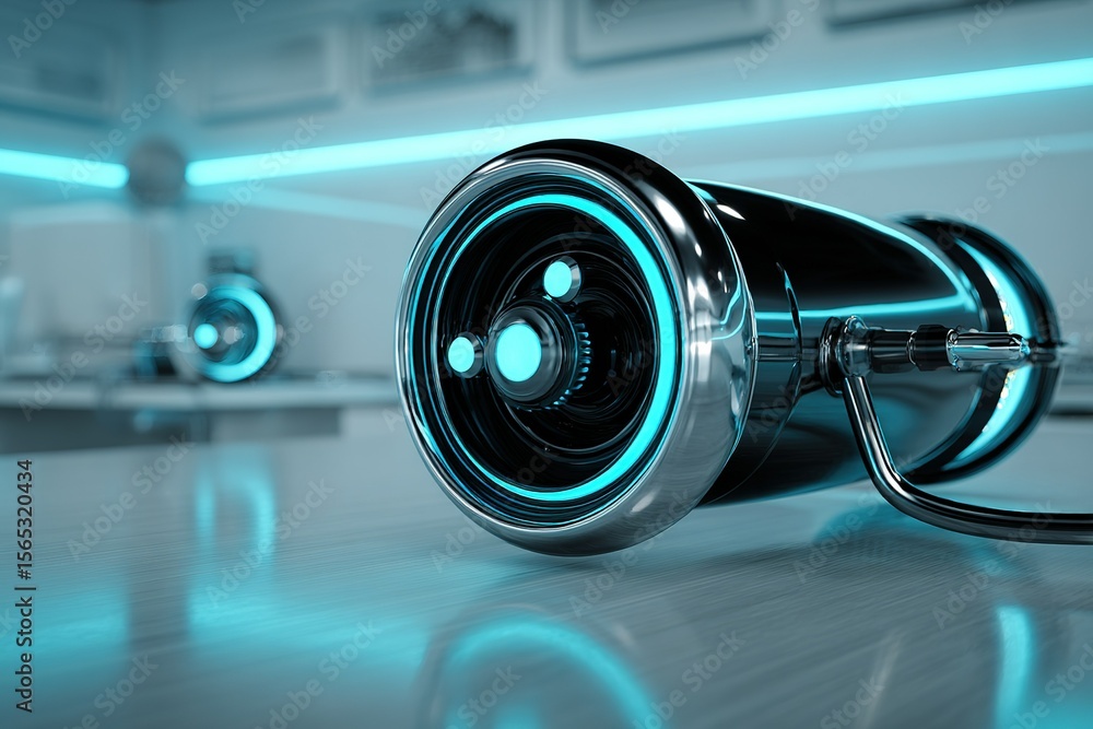 Poster high-tech futuristic device with glowing elements in a laboratory setting during daytime