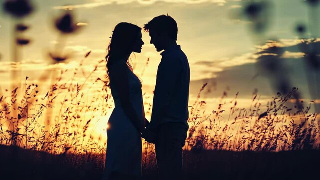 silhouette shadow of love couple standing together at nature grass field at sunset twilight  - Powered by Adobe