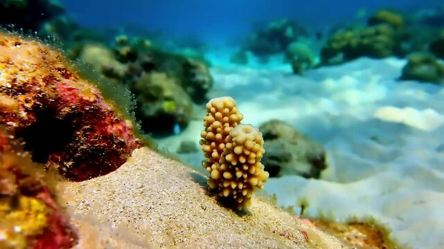 Close up of a garden of solitary corals, these walnut-sized corals live in the sand, they absorb sunlight and feed on tiny creatures, Great Barrier Reef, Australia.
