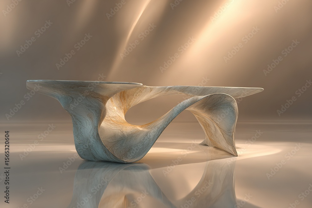 Poster sculptural modern table design featuring fluid curves and smooth textures in a minimalist setting