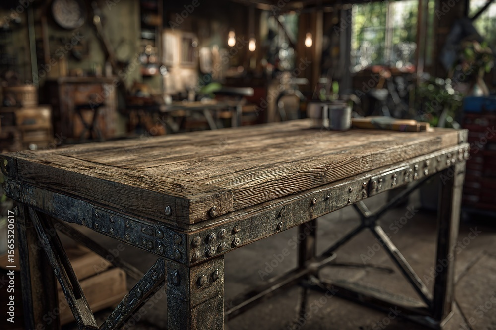 Poster rustic wooden workshop table in a vintage setting surrounded by tools and greenery