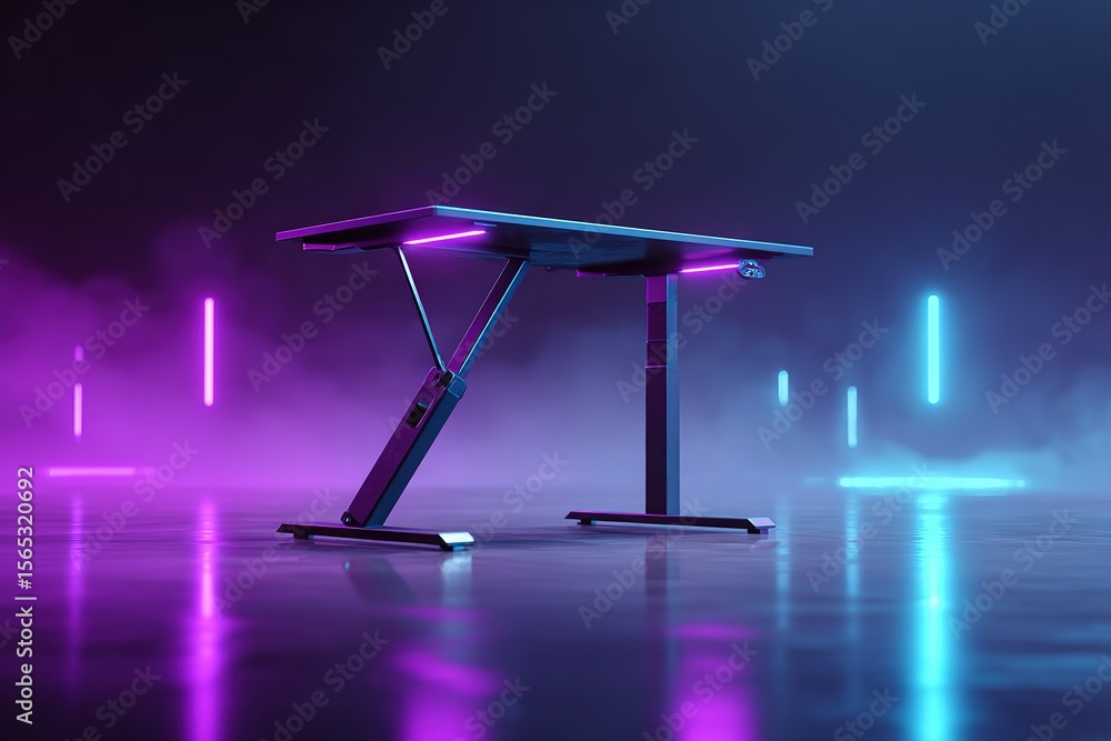 Poster modern reflective desk with dynamic lighting in a futuristic setup showcasing vibrant colors and sle