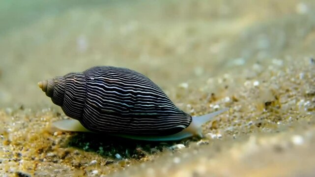 Close up of Banded marble cone (Conus bandanus) Slow moving on seabed, Great Barrier Reef, Australia.
