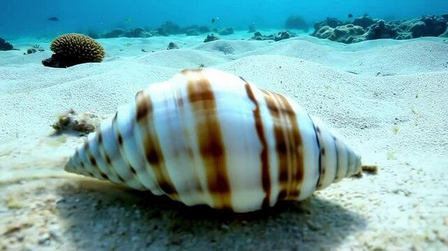 Close up of Banded marble cone (Conus bandanus) Slow moving on seabed, Great Barrier Reef, Australia.
