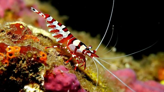 Close up of Banded coral shrimp (Stenopus hispidus) on the bottom of the sea at the coral reef, Great barrier reef, Australia.  
