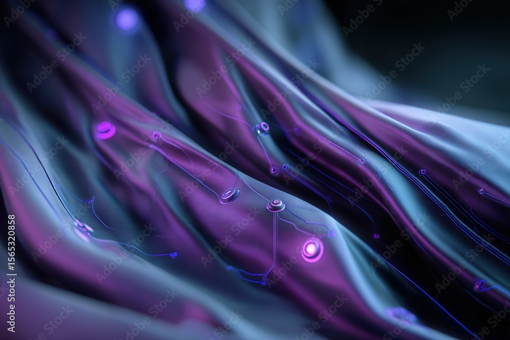 Poster abstract textile surface displaying fluid design with glowing elements and deep hues in a contempora