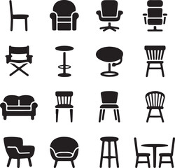 Collection of Diverse Chair and Seating Designs Icons and Illustrations