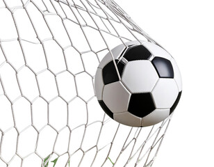 Side View of Football Ball Hitting Goal Net – Transparent PNG for Sports Design
