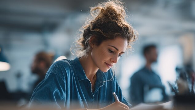 Modern young woman with curly hair wea denim shirt in a busy coffee shop using smartphone or tablet du daytime - Powered by Adobe