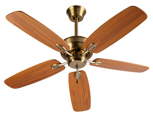 Decorative Retro Wooden Ceiling Fan in Mid-Century Style with Brass Hub – Isolated PNG
