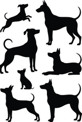 Black Dog Silhouettes of Different Breeds Posing, Sitting, Jumping on a White Background