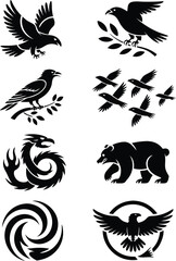 Black Silhouettes Birds (Eagle, Raven, Sparrows), Dragon, Bear, Swirl Logo Designs Isolated on White