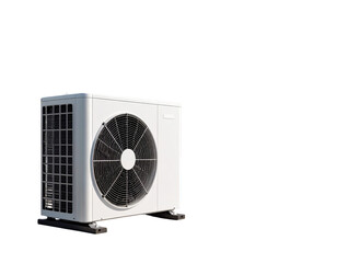 Modern Air Heat Pump Installed Next to Pool House – Front Angled View on Transparent Background