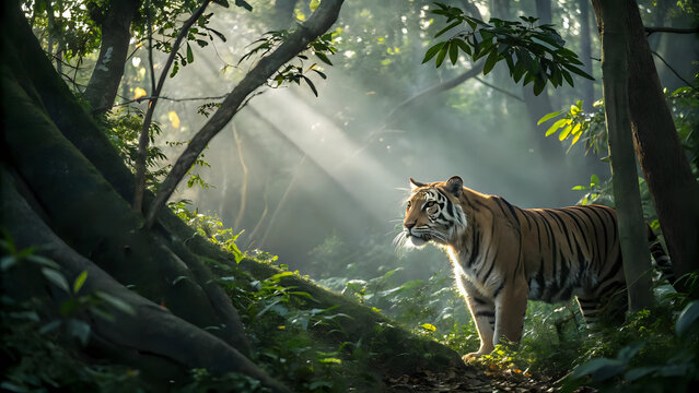Portrait of a majestic Sumatran tiger standing in misty, sun-drenched jungle with vibrant green foliage and light rays, International Tiger Day and the beauty of animal wildlife