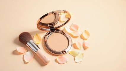 Luxurious Pressed Powder Makeup Compact with Brush and Rose Petals