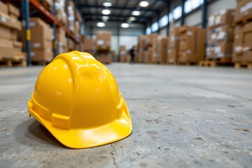 Warehouse Safety Focus: A bright yellow safety helmet rests prominently on a concrete floor amidst a warehouse scene packed with cardboard boxes.