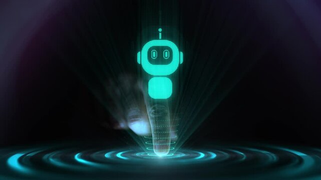 Futuristic hologram interface with a glowing chatbot icon and speech bubbles, activated by a finger touch. Concept of artificial intelligence and digital communication in a virtual environment.