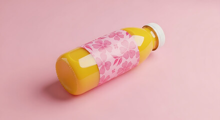 Bright Orange Juice Bottle with Pink Flowers on Pink Background