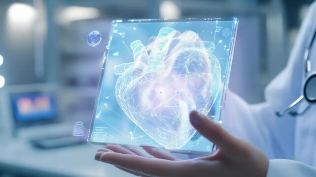 Innovative Human Anatomy: A medical professional examines a futuristic holographic projection of a beating heart, highlighting innovation in medical technology.