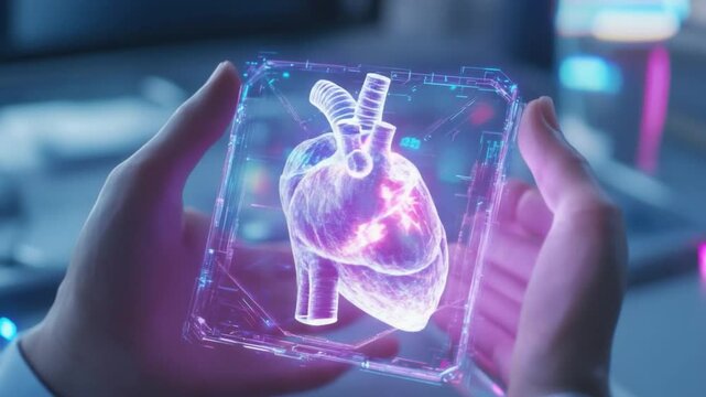 Heart Hologram in the Hands: A futuristic depiction of a human heart encapsulated within a holographic display, held delicately within a pair of hands.