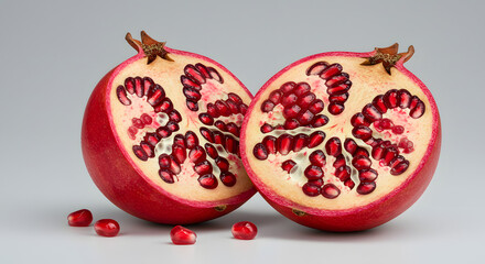 Fresh Pomegranate Halves with Seeds on White Background fruit