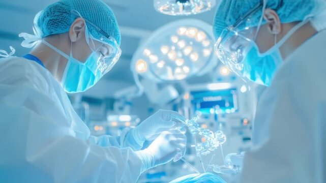 Surgical Precision: A skilled surgical team focuses intently, their sterile environment illuminated by bright lights, as they expertly perform a delicate procedure.