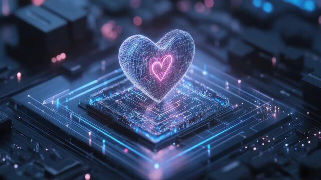 Digital Heart: A captivating artistic rendering showcases a glowing heart at the core of advanced digital circuitry, the image evokes a sense of technological romance and digital affection.