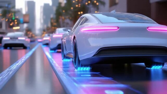 Urban Mobility: A convoy of sleek, futuristic cars glides seamlessly along a vibrant urban street, hinting at a technologically advanced and efficient transport system.