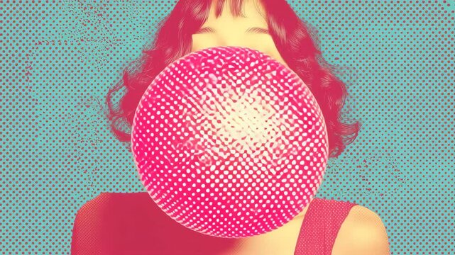 レトロ背景で女性がピンクのガムを作る