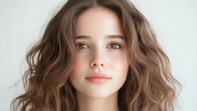 Close-up Portrait of a Woman: This evocative close-up reveals a woman with soft, wavy brown hair, gazing directly into the camera with warmth and a hint of mystery