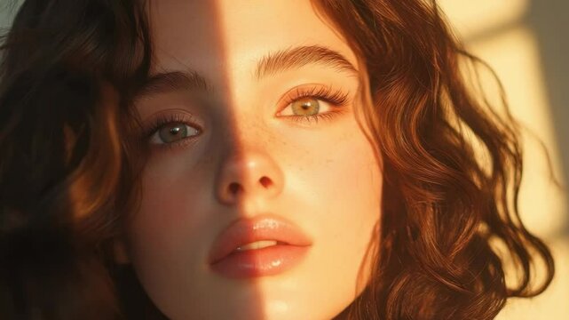 Golden Hour Beauty: A young woman with captivating green eyes and curly brown hair, illuminated by the warm glow of golden sunlight. Her features are soft and her expression is serene.
